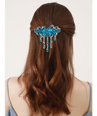 2 Pcs Butterfly Flower Tassel Hair Barrettes | Large Rhinestone Hair Clip Set | Vintage Crystal Sparkly Hair Clasps | Blue Purple Hair Accessories for Women - Buy Online on GoSupps.com