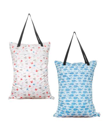 ALVABABY 2 Pack Large Wet Dry Bag Waterproof Hanging Cloth Diaper with Double zippered pockets 25x18 inches HL-YK6163 Fish world
