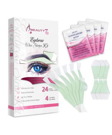 Beauty7 Wax Strips for Face Eyebrow Shaper Pre-cut 24pcs Waxing Strips with 4pcs Cleaner Oil Wipes Cold Wax Strips Facial Hair Removal for eyebrow