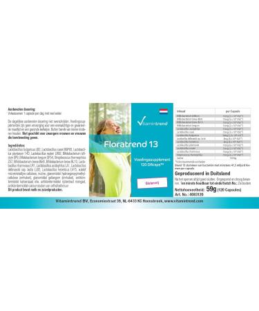 Floratrend Capsules - 41.5 Billion Cultures per Capsule | 13 Probiotic Strains + Inulin | 120 DRCaps | Vitamintrend - International Shipping Available - Buy Online on GoSupps.com