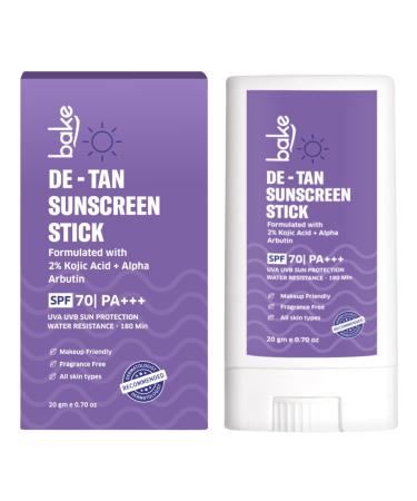 BAKE De-Tan Water Resistant Sunscreen Stick SPF 70 PA++++ with 2% Kojic Acid & Alpha Arbutin | Lightweight No White Cast | For All Skin Types | For Pigmentation & Dark Spots - 20g