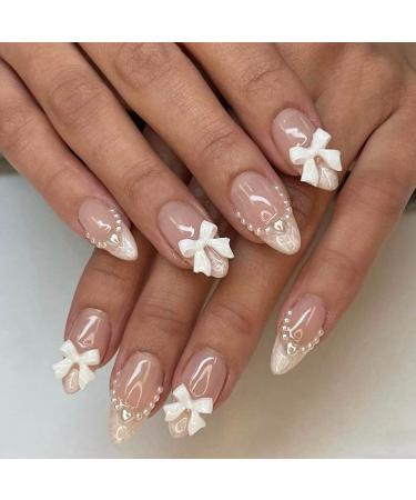 Cute Press on Nails Short Almond MABKJLF French Tip Fake Nails Nude Full Cover Pearl Bow Charm False Nails with Designs Glossy Glue on Nails Petite Acrylic Nails Artificial Nails for Women Girls 24Pcs Almond Styles34