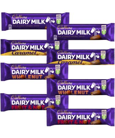 Chocolate Bar Bundle With Dairy Milk Caramel Chocolate Bar 45g x2 Whole Nut Chocolate Bar 45g x2 Fruit & Nut Chocolate Bar 49g x2 & Milk Chocolate Bar 45g x2 (8 Pack)