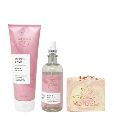 Bath & Body Works Aroma Inspire Love ROSE + VANILLA Body Cream and Essential Oil Mist Set with a Himalayan Salts Springs Bar Soap - Full Size