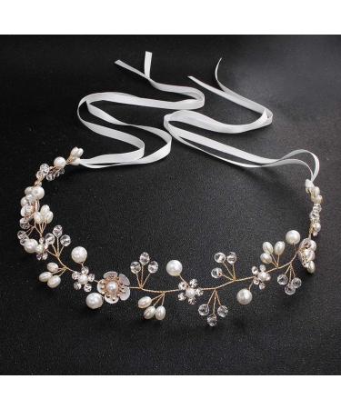 Uongeod HJYHYN Crystal Pearl Bridal Headband Bohemian Headpiece Leaf Hair Vine Flower Wedding Hair Accessories(Gold)
