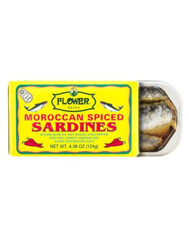 Flower Brand Spiced Sardines (Olive Oil) 4.38 oz Morocco Wild Sardines Canned Sardines, High Protein Food, Keto Food, Keto Snacks, Gluten Free Food, Canned Food Bulk Sardines in Oil (Pack of 5)