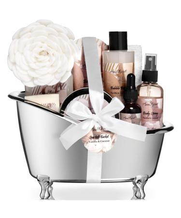 Spa Gift Baskets For Women - Luxury Bath Set With Coconut & Vanilla - Spa Kit Includes Body Wash, Bubble Bath, Lotion, Body Butter, Soap, Body Spray, Shower Puff, and Towel Coconut + Vanilla 10 Piece Set