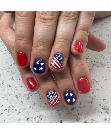 24Pcs 4th of July Press on Nails Short Square Fake Nails with American Flag Patriotic Design False Nails Independence Day Flag Star Full Cover Stick on Nails Glossy Glue on Nails for Women and Girls B-6