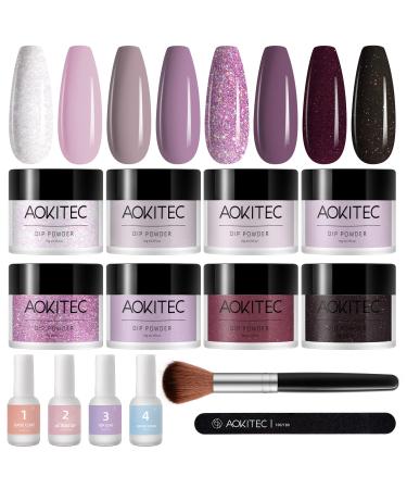 Aokitec 14Pcs Dip Powder Nail Kit 8Colors Black Clear Pastel Glitter Acrylic Dipping Powder Liquid Set with Base Top Coat Activator Brush Saver for French Nails Art Manicure DIY Salon 8 Colors kit Princess Butterfly