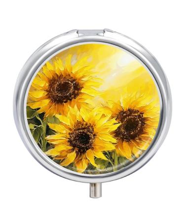 Round Pill Box Yellow Sunflowers Print 3 Compartment Medicine Pill Case Print Pill Organizer Decorative Metal Portable Pill Box Pocket Pill Box Style-12