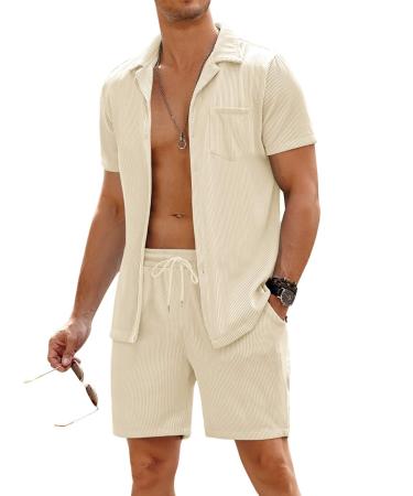 COOFANDY Men's 2 Pieces Shirt Sets Short Sleeve Casual Button Down Hippie T-Shirts Shorts Sets Summer Fashion Beach Outfits Beige Large - Buy Online on GoSupps.com