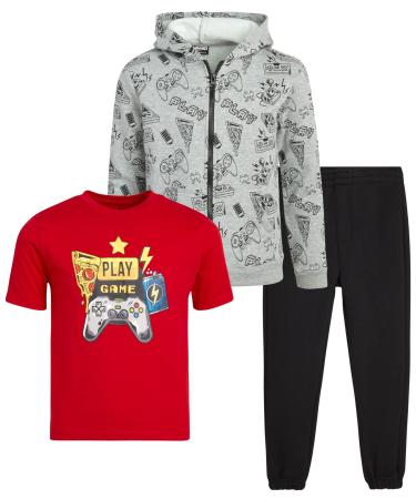 TONY HAWK Boys' Jogger Set - 3 Piece Fleece Sweatshirt, Sweatpants, and T-Shirt Set (Size: 2T-7) Gamer Grey/Red/Black 2T