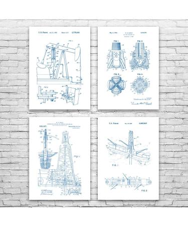 Oil Well Patent Posters Set of 4 (24x36) Energy Contractor Roughneck Gift Oil Industry Art Oil Rig Blueprint Oil Wife Gift Blue & White