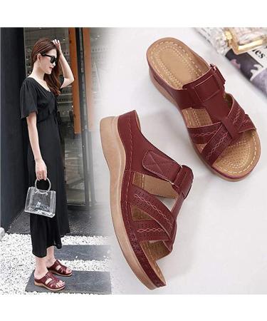 Women's Peep-Toe Sandals - Synthetic Leather Medium-High Wedge Heel Slip-On Light & Comfortable Summer Footwear (Burgundy Red 35 EU) - Buy Online on GoSupps.com