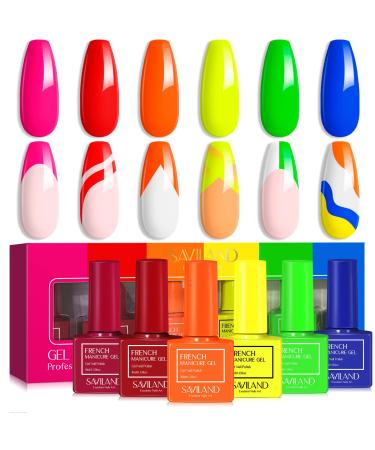 SAVILAND French Gel Nail Polish Set - 6 Colors 10ML Spring Gel Polish Orange Yellow Green Hot Pink Blue Gel Polish Set Soak Off Nail Art Gel Liner French Tip Manicure Kit for Nail Salon Home DIY Gift