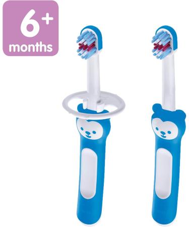 MAM Baby's Brush Set (2 Training Toothbrushes 1 Safety Shield) Baby Toothbrushes with Brushy the Bear Interactive App For Boy 5+ Months Blue - Buy Online on GoSupps.com