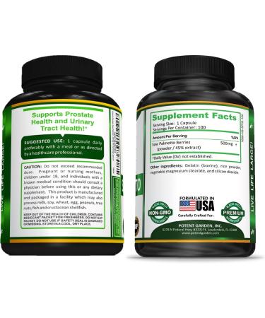 Potent Garden Saw Palmetto 500 mg - Prostate Supplements for Men - Supports Healthy Urination Frequency & Flow - Non GMO 100 Saw Palmetto Capsules - Buy Online on GoSupps.com