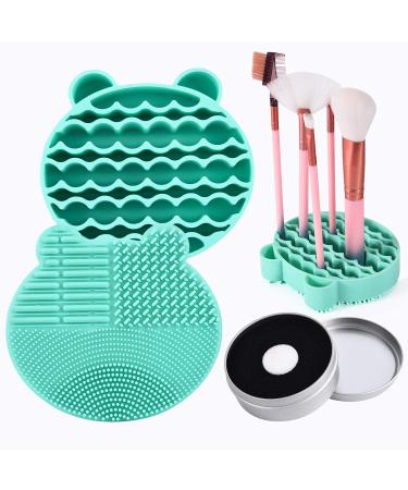 Silicon Makeup Brush Cleaning Mat with Brush Drying Holder Brush Cleaner Mat Portable Bear Shaped Cosmetic Brush Cleaner Pad+Makeup Brush Dry Cleaned Quick Color Removal Sponge Scrubber Tool (Green)