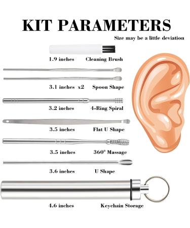 Riquie Spring Ear Wax Cleaner Tool - Portable Stainless Steel Earwax Removal Kit - 7-in-1 Ear Spoon with Brush - Key Chain Storage - Silver - Buy Online on GoSupps.com