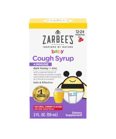 Zarbee's Baby Cough Syrup + Immune Drug & Alcohol-Free Toddler Cough Relief with Dark Honey & Zinc Natural Cherry Flavor 2Fl Oz