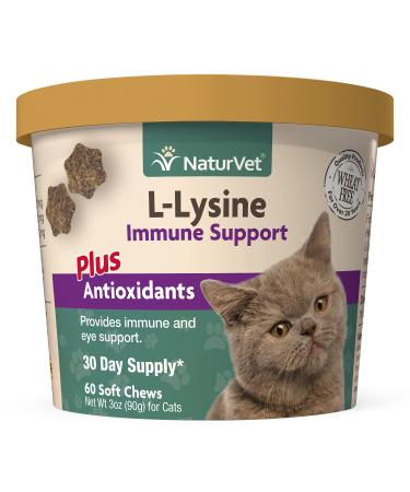 NaturVet L-Lysine Immune Support Plus Antioxidants Cat Supplement  Helps Support Eye Health, Immune System for Cats  Includes Amino Acids  60 Ct. Soft Chews, 30-Day Supply