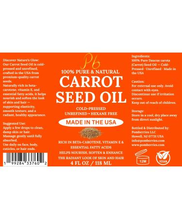 Pomberries Carrot Seed Oil | 100% Pure Cold-Pressed & Unrefined Unscented Carrot Oil for Hair Skin & Face Moisturizing Body & Carrier Oil Helps Improve the Look of Fine Lines & Wrinkles | 4 fl oz - Buy Online on GoSupps.com