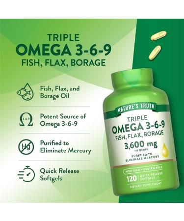 Nature's Truth Omega 3-6-9 Softgels | 3600mg | 120 Count | Fish Flax and Borage Oil | Triple Strength | Non-GMO & Gluten Free Supplement - Buy Online on GoSupps.com