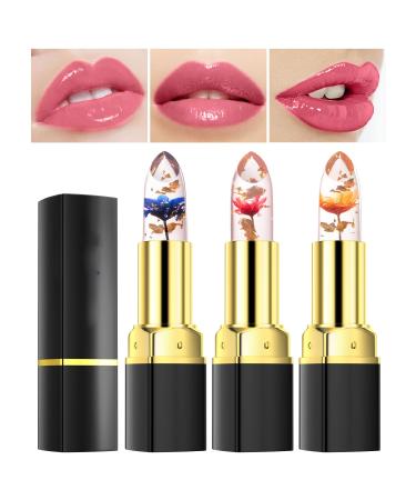 Bekoeen 3 Pcs/Set Flower Jelly Lipstick Set Temperature Change Moisturizer flower Lip Stick Long Lasting Nutritious Lip Balm Magic Color Change Lip Gloss