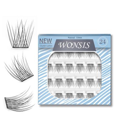 Lash Clusters, DIY Eyelash Extension, 24 Clusters Reusable Individual Lashes, Natural Fluffy Wispy Individual Eyelash Clusters for Home Eyelash Extensions (Natural-12mm) Natural 12mm