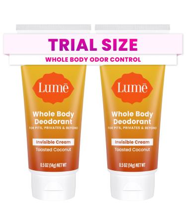 Lume Whole Body Deodorant - Mini Travel Size Invisible Cream Tube - Trial Size - 72 Hour Odor Control - Doctor Developed - Aluminum Free Baking Soda Free - .5oz (Pack of 2) (Toasted Coconut)