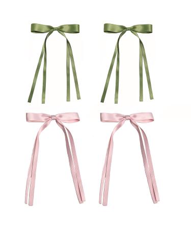 AUONY 4PCS Hair Clips for Women Tassel Ribbon Hair Bows Barrettes Clips With Long Tail for Girls Women Hair Accessories (2PCS Green + 2PCS Pink)