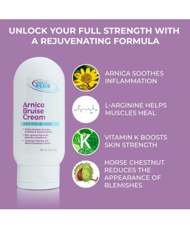 Miracle Plus Arnica Bruise Relief Cream 4oz - Natural Homeopathic Lotion for Bruising, Swelling & Discoloration with Vitamin K & Horse Chestnut - Skin Care Solution - Buy Online on GoSupps.com