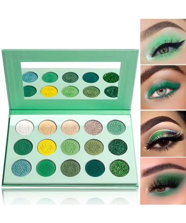 15 Color Green Eyeshadow Palette Highly Pigmented Green Eyeshadow Matte Shimmer Makeup Pallete Long Wear Waterproof Eye Shadow Pallete Glitter Eyeshadow Pallets for Women