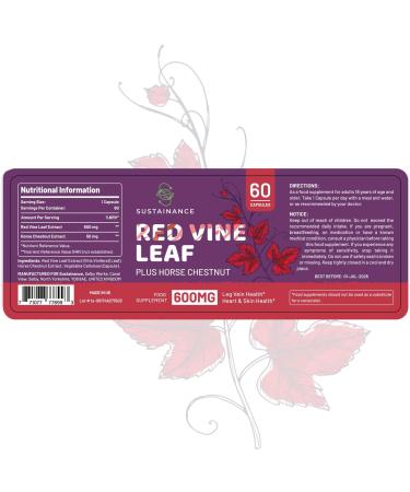 SUSTAINANCE Red Vine Leaf & Horse Chestnut Extract Capsules - 60 Vegetarian Capsules for Leg Vein, Heart, and Skin Support - Buy Online on GoSupps.com