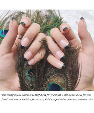 Buy 24 Pieces Black French False Nails - Silver Glitter Complete Cover Quadratic Medium-Long Fake Nails for Daily Use - Buy Online on GoSupps.com