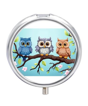 Pill Box Pill Case 3 Compartment Travel Pill Box Owls on A Branch Printing Small Pill Box Portable Medicine Pill Case Pill Organizer for Purse & Pocket for Travel Handbag (Round)