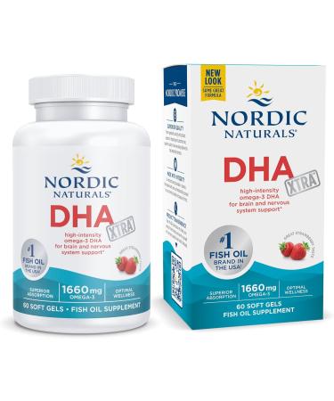 Nordic Naturals DHA Xtra, Strawberry - 60 Soft Gels - 1660 mg Omega-3 - High-Intensity DHA Formula for Brain & Nervous System Support - Non-GMO - 30 Servings 60 Count (Pack of 1)