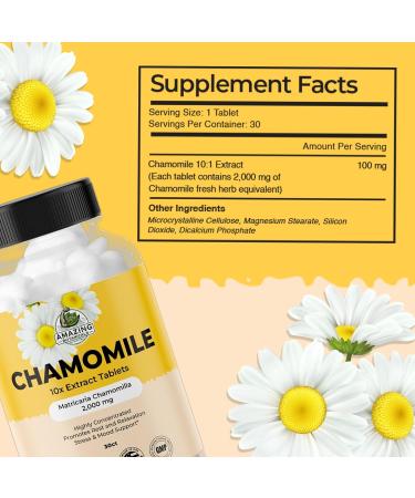 Amazing Botanicals Organic Chamomile Extract Tablets - Matricaria Chamomilla Plant-Based Supplement - 10x Extract 2000 MG Each - Promotes Relaxation - 30 Tablets - Buy Online on GoSupps.com
