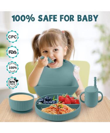 Baby Feeding Set: Silicone Bib, Suction Divided Bowl, Spoon, Fork - Toddler Utensils for Baby Led Weaning - 6 Months (Blue Green) - Buy Online on GoSupps.com