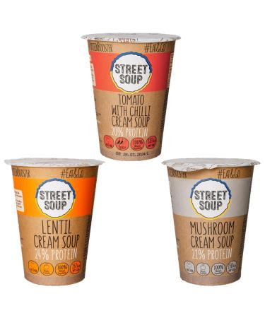 Street Soup Pick N Mix - Choose From Cup with 3 Flavours - Lentil Cream Mushroom Cream Tomato with Chilli Cream Soup - Pack of 2 x 50g