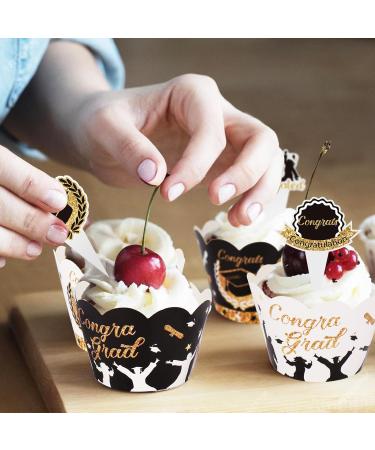 AIERSA 96Pcs Graduation Cupcake Toppers Wrappers 2024 Congrats Grad Cupcake Decorations Set Graduation Cupcake Wrappers for Cupcake Food Decorations Black Gold - Buy Online on GoSupps.com