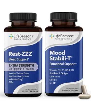 LifeSeasons Rest-ZZZ Extra Strength + Mood Stabili-T Bundle Natural Sleep & Mood Support Fall Asleep & Stay Asleep Promote Calmness Balanced Mood & Happiness Melatonin 60 Capsules Each