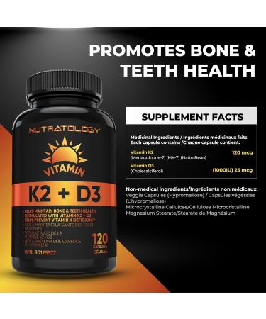 Vitamin K2 + D3 Highest Potency 120MCG/1000 IU - 120 Capsules - Helps Maintain Bone & Teeth Health - Formulated With MK-7 For Best Results - Immune System Support - Made In Canada 120 count (Pack of 1) - Buy Online on GoSupps.com