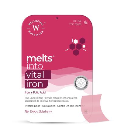 WELLBEING NUTRITION Melts Nano Iron | Plant Based Iron Beetroot Swiss Chard Pumpkin Seeds Vitamin C and Folate for Improved Hemoglobin Oxygen Binding Capacity & Blood Building (30 Oral Strips)