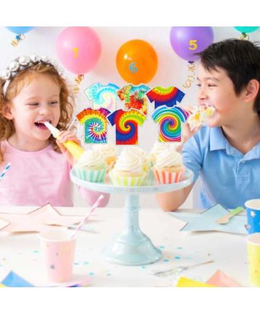 Kids' Hippie Tie Dye Themed Happy Birthday Cupcake Toppers Set of 18 - Rainbow Tie Dye Party Baby Shower Party and Birthday Party Groovy Carnival Decorations for Boys and Girls - SugarGera - Buy Online on GoSupps.com