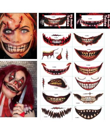 12 Styles Halloween Temporary Tat toos Kit Horror Mouth Tat too Stickers Halloween Temporary Tatt oos Face Makeup Waterproof Realistic Scar Wound Sticker for Halloween Cosplay Decorations - Buy Online on GoSupps.com