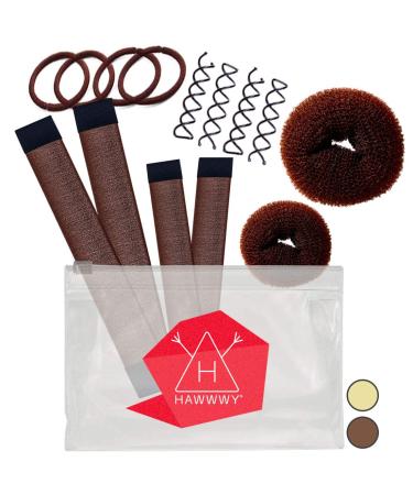 Hawwwy 12-piece Hair Bun Maker - Easy Fast Bun Tool, Short Long Thin Hair Women Girls Kids Toddler - Hair Accessories for Women - Brown Small & Large (2 Donuts,2 Magic Snap & Roll, 4 Spin Pins)