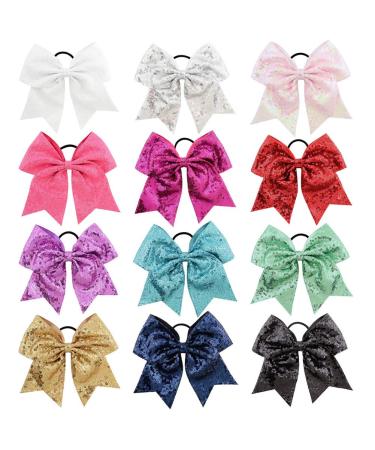 inSowni 12 Pack X-Large Big Glitter Sequin Cheer Bow Hair Ties Scrunchies Bands Ponytail Holders Elastics for Baby Toddlers Girls Women