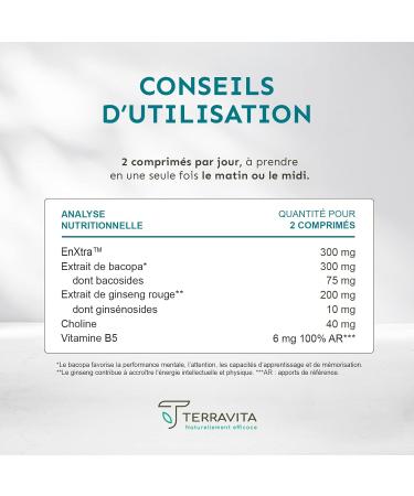Memory Concentration | Korean Red Ginseng + Bacopa + EnXtra Patented Active | 5 Hours of Vivacity and Intellectual Clarity | Nootropic Caffeine Free | 60 Tablets | Made in France Terravita - Buy Online on GoSupps.com