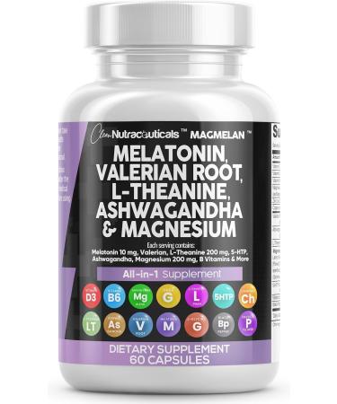 Clean Nutraceuticals Melatonin 10mg Valerian Root L Theanine 200mg Ashwagandha - Sleep Support for Women & Men with Magnesium Complex, Lemon Balm, Chamomile, & Passion Flower - 60 Caps 60 Count (Pack of 1)